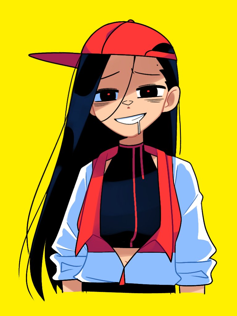 1girl backwards_hat baseball_cap black_hair black_shirt breasts buming_mint butcher_vanity_(synthesizer_v) commentary crop_top cropped_torso drooling english_commentary hat jacket long_hair looking_at_viewer medium_breasts midriff_peek mole mole_above_eye open_clothes open_jacket red_hat red_pupils red_trim shirt simple_background solo synthesizer_v teeth upper_body white_jacket yellow_background yi_xi_(synthesizer_v) zipper