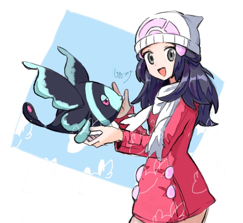 1girl beanie black_eyes black_hair blonde_hair border coat dawn_(pokemon) dot_nose fish from_side gen_4_pokemon hat holding holding_pokemon long_hair looking_at_viewer lumineon nintendo open_mouth pink_coat pokemon pokemon_(creature) pokemon_dppt scarf shiozuke signature white_border white_hat white_scarf