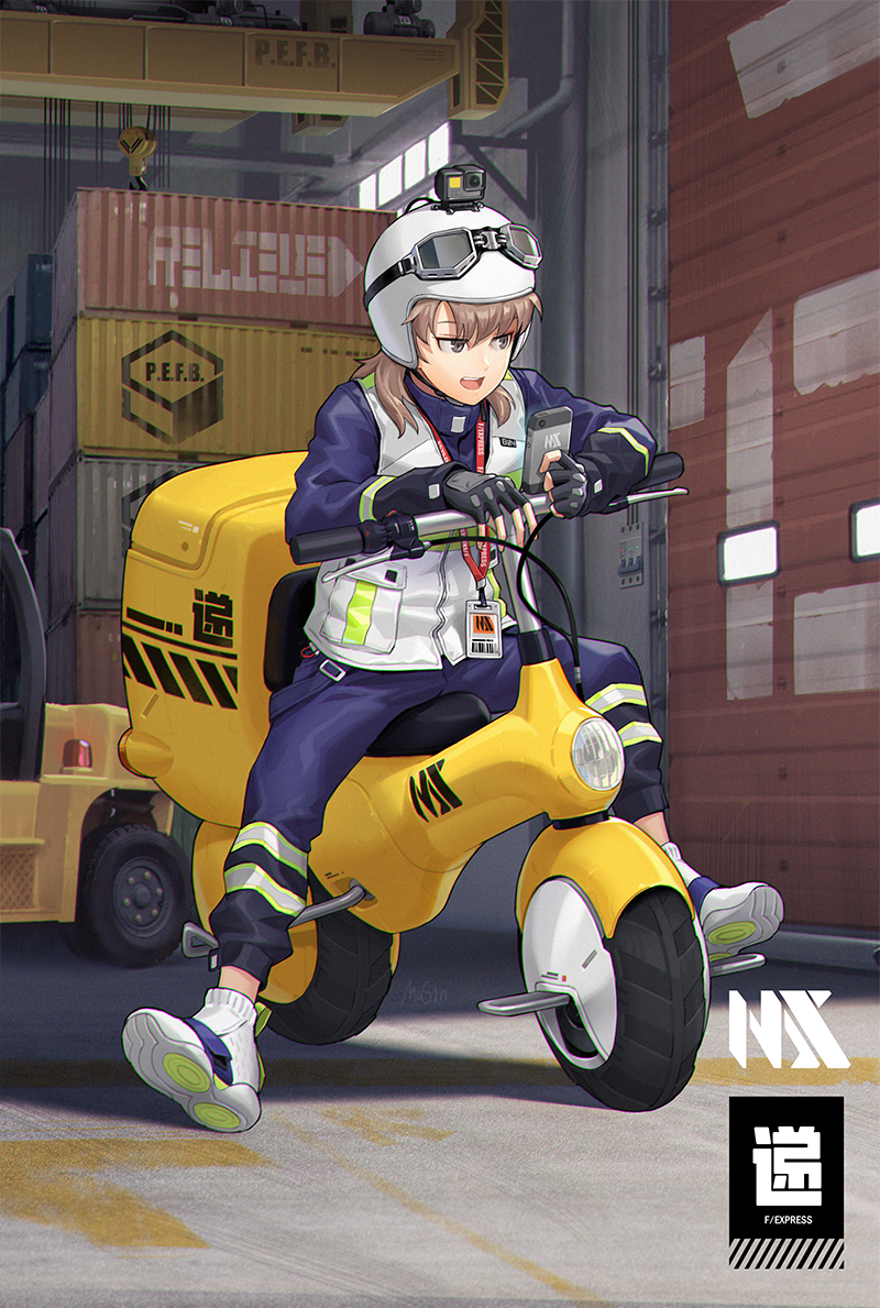 1girl action_camera black_gloves blue_jumpsuit brown_eyes cellphone fingerless_gloves forklift full_body gloves goggles goggles_on_headwear helmet holding holding_phone jumpsuit light_brown_hair masin0201 medium_hair motor_vehicle motorcycle_helmet open_mouth original phone science_fiction scooter shipping_container smartphone solo teeth upper_teeth_only vest video_camera white_footwear white_helmet white_vest