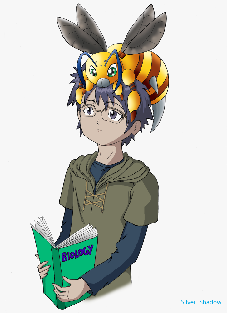 1boy book digimon digimon_(creature) funbeemon glasses ichijouji_osamu looking_at_another