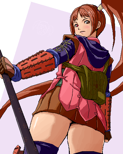 1girl ass brown_hair capcom female_focus heterochromia isu lowres oekaki onimusha onimusha:_dawn_of_dreams ponytail solo when_you_see_it yagyuu_juubei_(dawn_of_dreams)