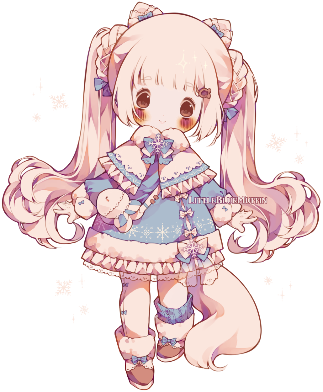 1girl animal_ears artist_name asymmetrical_legwear blue_bow blue_bowtie blue_dress blue_socks blunt_bangs blush blush_stickers boots bow bow_legwear bowtie braid braided_hair_rings brown_boots brown_eyes capelet chibi closed_mouth commentary dress ear_ribbon english_commentary eyelashes fish_hair_ornament footwear_bow fox_ears fox_girl fox_tail frilled_capelet frilled_dress frills fur-trimmed_capelet fur-trimmed_dress fur-trimmed_footwear fur-trimmed_sleeves fur_trim gloves hair_ornament hair_rings hairclip head_tilt highres lace lace-trimmed_boots lace-trimmed_dress lace_trim leggings littlebluemuffin long_hair long_sleeves looking_at_viewer original painttool_sai_(medium) photoshop_(medium) puffy_long_sleeves puffy_sleeves short_dress single_sock smile snowflake_ornament snowflake_print socks tail transparent_background twintails very_long_hair waist_bow watermark white_bow white_capelet white_gloves white_hair white_leggings