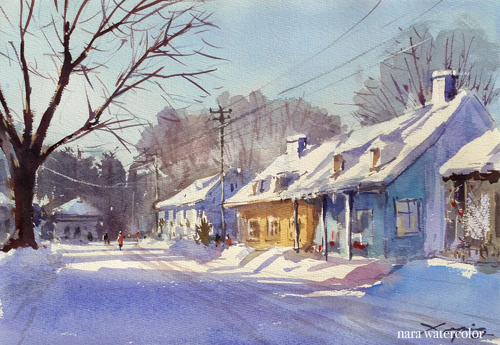 bare_tree blue_sky building day house nara_watercolor no_humans original people power_lines road scenery shadow sky snow street town tree utility_pole window