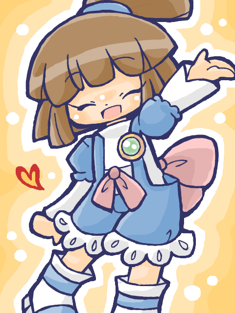 1girl ^_^ arle_nadja arm_at_side arm_up back_bow blue_boots blue_overalls boots bow brown_hair closed_eyes deformed dot_nose feet_out_of_frame heart high_ponytail hurin1192 layered_sleeves long_sleeves mini_arle multicolored_boots no_fingers oekaki open_hands outline overalls pigeon-toed pink_bow ponytail puffy_short_sleeves puffy_sleeves puyopuyo puyopuyo_7 raised_eyebrows short_over_long_sleeves short_sleeves solo split_mouth standing standing_on_one_leg tegaki two-tone_boots white_boots white_outline yellow_background