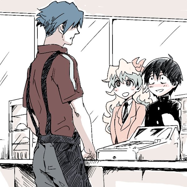 00s 1girl 2boys apron bad_id bad_pixiv_id blazer cash_register clerk employee_uniform gakuran jacket kamina_(ttgl) multiple_boys mwgi nia_teppelin school_uniform simon_(ttgl) smile spot_color tengen_toppa_gurren_lagann