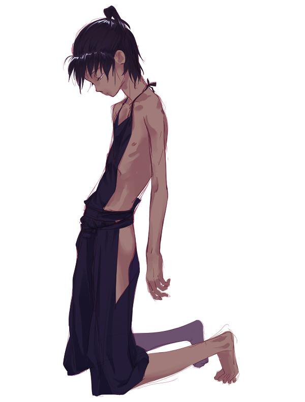 1boy aged_down bare_shoulders barefoot black_hair black_hakama clothing_cutout dark-skinned_male dark_skin full_body hakama hakama_pants japanese_clothes kneeling kyousai leuco looking_down male_focus nipples nurarihyon_no_mago pants ponytail short_ponytail simple_background skinny solo thigh_cutout white_background