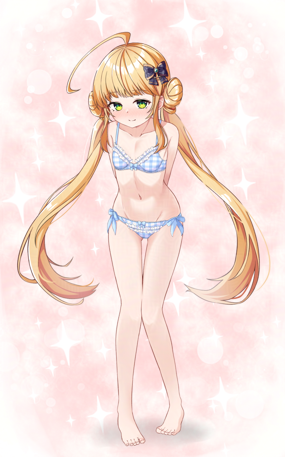 1girl ahoge bare_arms bare_legs bare_shoulders barefoot black_bow blonde_hair blue_bra blue_panties blush bow bow_bra bow_panties bra breasts closed_mouth collarbone commentary_request double_bun eldereze_(twinkle_star_knights) full_body green_eyes groin hair_bow hair_bun highres long_hair looking_at_viewer low_twintails navel nenosame nose_blush panties plaid_bra plaid_clothes plaid_panties shadow small_breasts smile solo sparkle twinkle_star_knights twintails underwear underwear_only very_long_hair