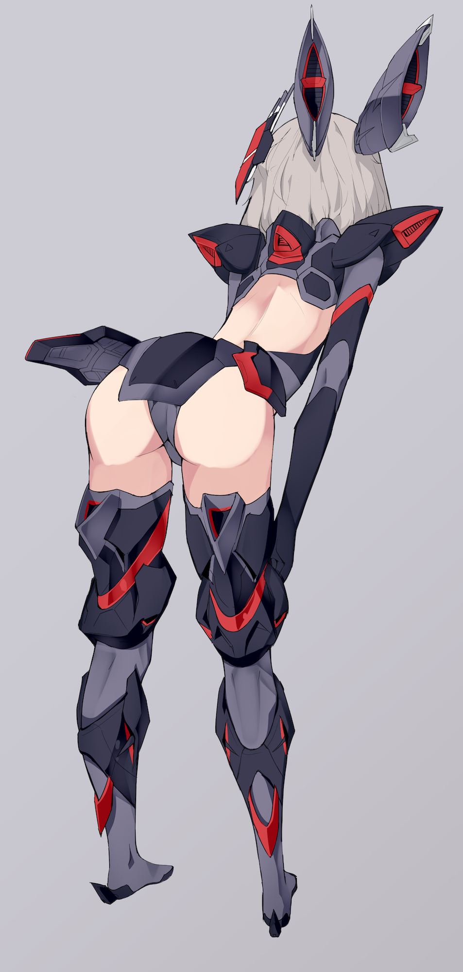 1girl armored_boots ass ass_focus back_cutout blitz_gundam boots clothing_cutout grey_background grey_boots grey_hair gundam gundam_seed hand_on_own_thigh highres i.takashi leaning_forward leotard mecha_musume personification solo thigh_boots thighhighs