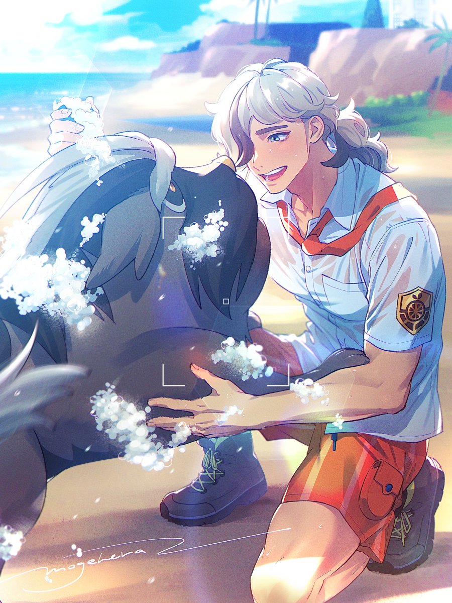 1boy arven_(pokemon) blue_sky brown_hair collared_shirt dog hair_over_one_eye highres holding long_hair mabosstiff moge-hera multicolored_hair naranja_academy_school_uniform necktie nintendo ocean open_mouth orange_eyes orange_necktie orange_shorts pokemon pokemon_(creature) pokemon_sv ponytail school_uniform shirt short_sleeves shorts sky smile soap_bubbles viewfinder washing white_shirt