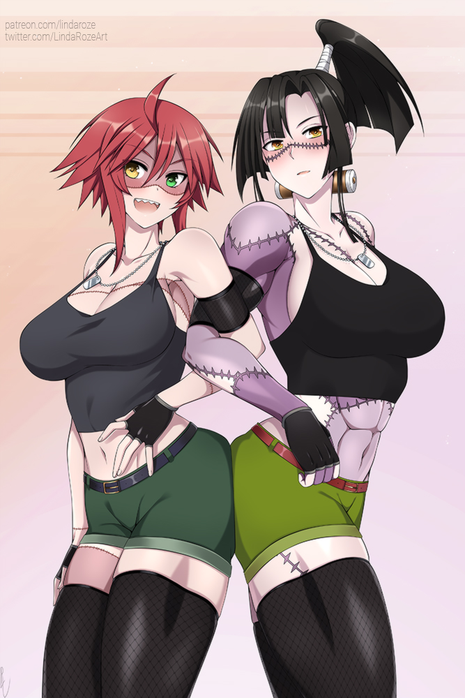 2girls :d ahoge ass-to-ass bare_shoulders belt black_hair black_legwear black_shirt breasts crossover green_eyes heterochromia high_ponytail jewelry kunai_zenow large_breasts lindaroze midriff monster_musume_no_iru_nichijou monster_musume_no_oisha-san multiple_girls navel necklace open_mouth orange_eyes patchwork_skin ponytail red_hair sharp_teeth shirt short_hair short_shorts shorts sleeveless sleeveless_shirt smile standing stitches teeth thighhighs trait_connection yellow_eyes zombie zombina_(monster_musume)