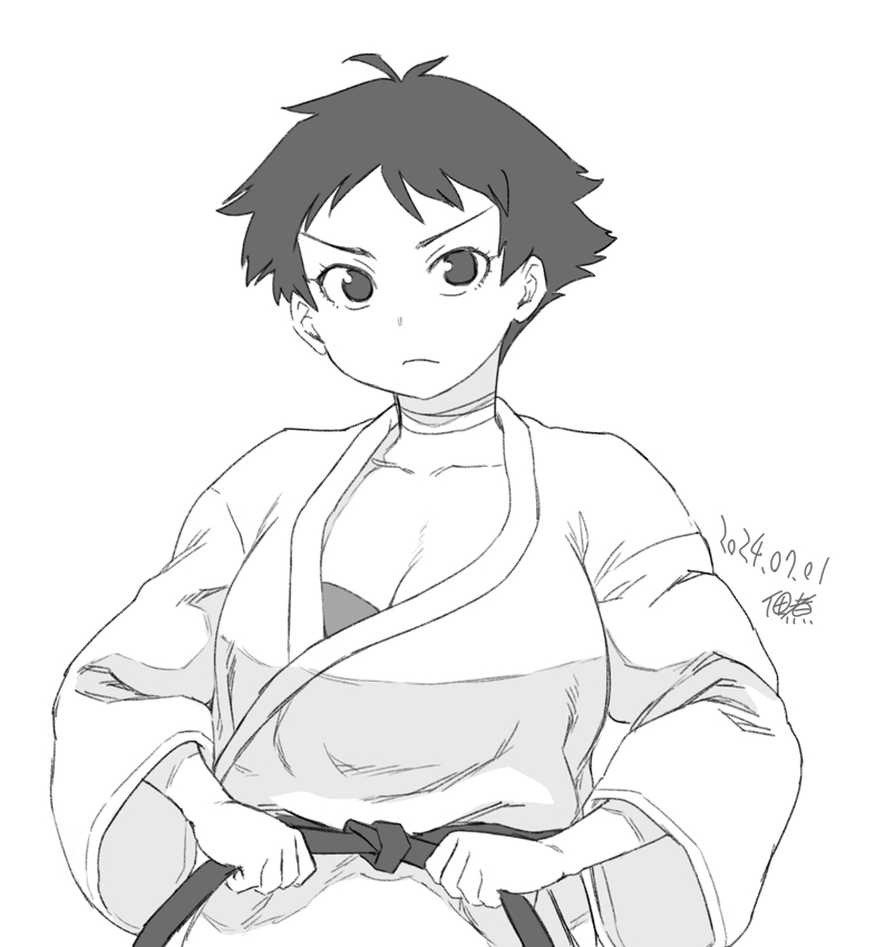 1girl adjusting_belt artist_name breasts choker cleavage closed_mouth collarbone commentary_request dated dougi greyscale karate_gi large_breasts long_sleeves looking_at_viewer makoto_(street_fighter) martial_arts_belt monochrome ribbon_choker short_hair solo street_fighter tomboy tsukudani_(coke-buta) upper_body very_short_hair wide_sleeves