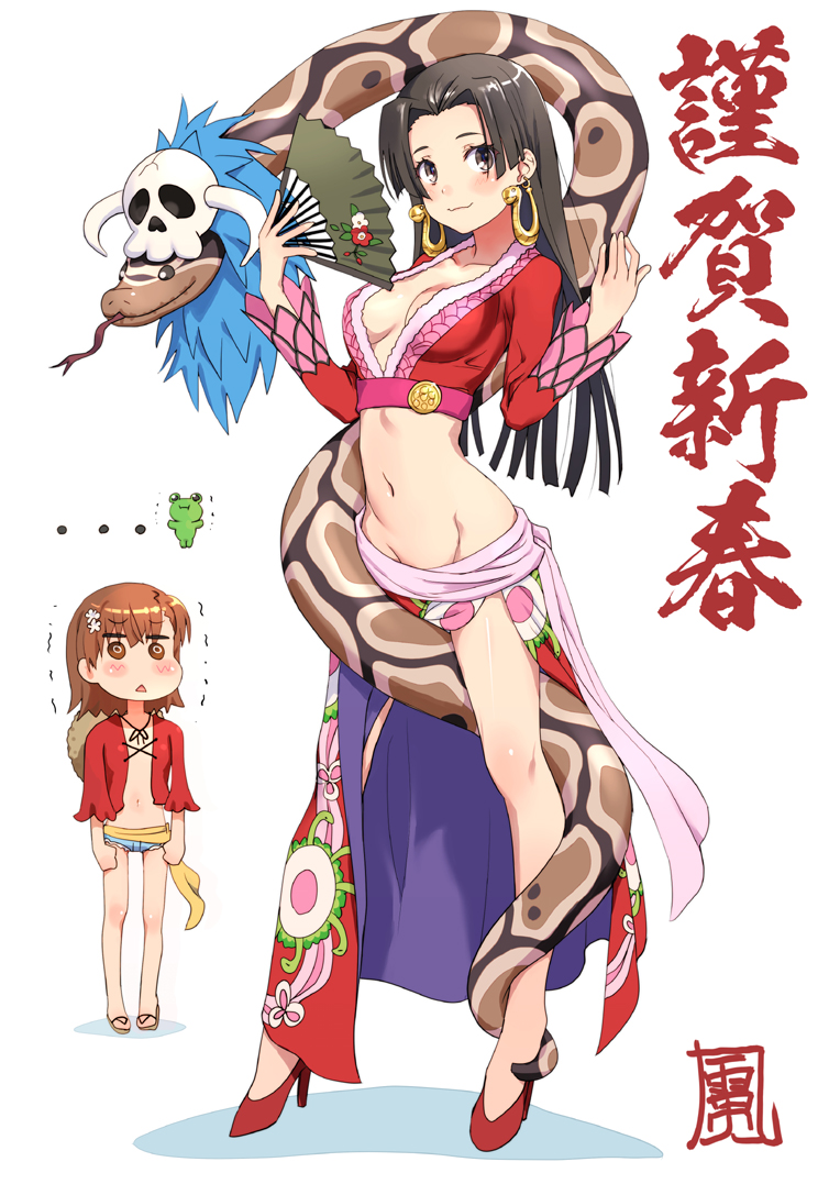 2girls :3 black_hair blue_shorts boa_hancock boa_hancock_(cosplay) breasts brown_eyes brown_hair closed_mouth cosplay crop_top earrings female_focus floral_print folding_fan gekota grey_eyes grion hand_fan high_heels holding holding_fan jewelry jitome kongou_mitsuko long_hair long_sleeves micro_shorts misaka_mikoto monkey_d._luffy monkey_d._luffy_(cosplay) multiple_girls narrow_waist navel no_bra no_sclera one_piece open_clothes open_shirt raika9 red_footwear red_skirt salome_(one_piece) salome_(one_piece)_(cosplay) sarong short_shorts shorts simple_background skirt skull skull_on_head small_breasts smile snake snake_earrings standing tareme toaru_kagaku_no_railgun toaru_majutsu_no_index trembling white_background