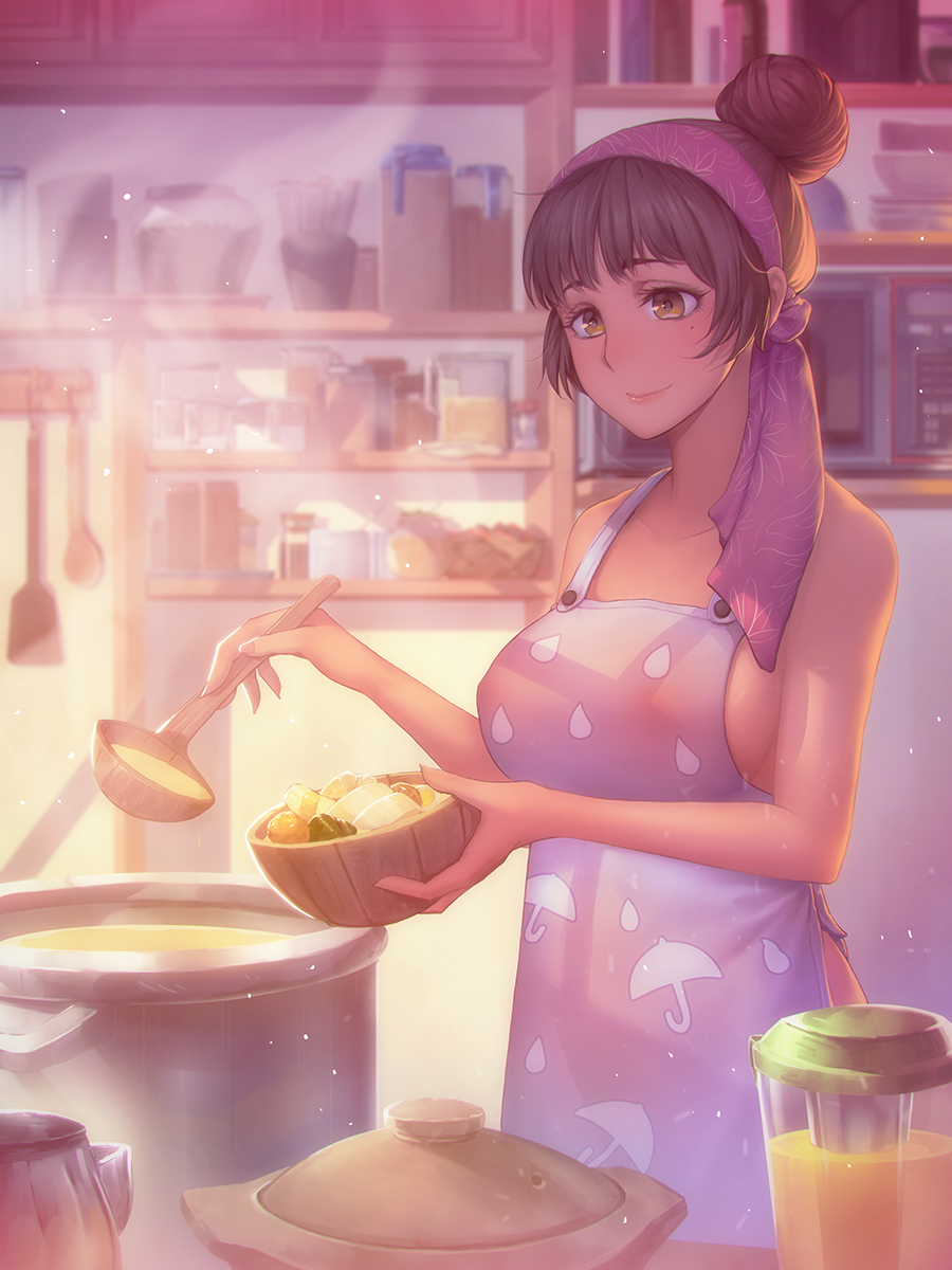 1girl apron blender_(object) bowl breasts brown_eyes brown_hair cooking dishes female_focus food hachifuku hair_bun hairband headscarf highres holding holding_bowl housewife indoors jar kitchen ladle large_breasts light_particles light_smile long_sleeves microwave mole mole_under_eye nabe naked_apron original pot purple_headscarf ribbed_sweater shelf short_hair single_hair_bun smile solo spatula sunlight sweater