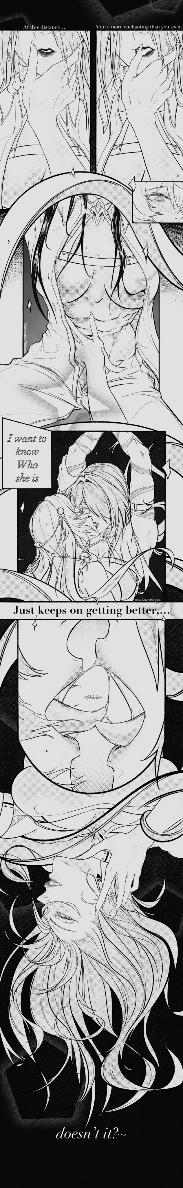 2girls absurdres acheron_(honkai:_star_rail) bare_shoulders black_swan_(honkai:_star_rail) breasts cleavage commentary dress english_commentary english_text garter_straps gloves hair_spread_out highres honkai:_star_rail honkai_(series) large_breasts long_hair long_image multiple_girls sketch smile sweetcoffeeeee tall_image thighhighs undressing very_long_hair yuri