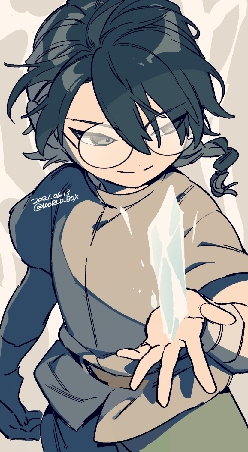 1boy a&#039;gen_(the_legend_of_luoxiaohei) black_eyes black_hair brown_shirt dated glasses hair_between_eyes hand_up highres ice long_hair round_eyewear shadow shirt short_sleeves smile solo luo_xiaohei_zhanji twitter_username upper_body vox