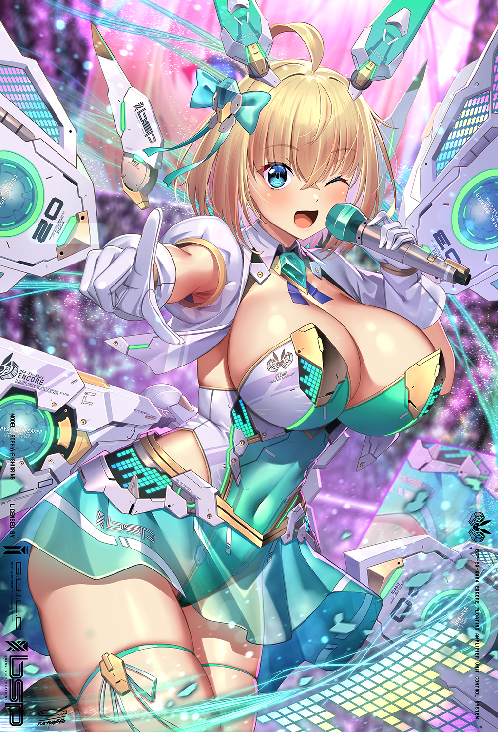 1girl ;d ahoge blonde_hair blue_eyes breasts cleavage commentary_request covered_navel gloves headgear highres large_breasts leotard looking_at_viewer mecha_musume microphone one_eye_closed open_mouth original smile solo sophia_f_shirring standing takamine_nadare thighs white_gloves