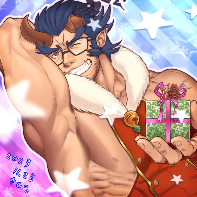 1boy armpits bara bare_shoulders beard_stubble bell blue_hair broken_horn dark_blue_hair facial_hair fang fur_collar gift glasses grin holding holding_gift horns jingle_bell male_focus muscular muscular_male official_alternate_costume one_eye_closed oni oni_horns pinecone pointy_ears presenting_armpit sabita_kan santa_costume shirt sideburns smile star_(symbol) stubble takemaru_(housamo) tight_clothes tight_shirt tokyo_houkago_summoners upper_body