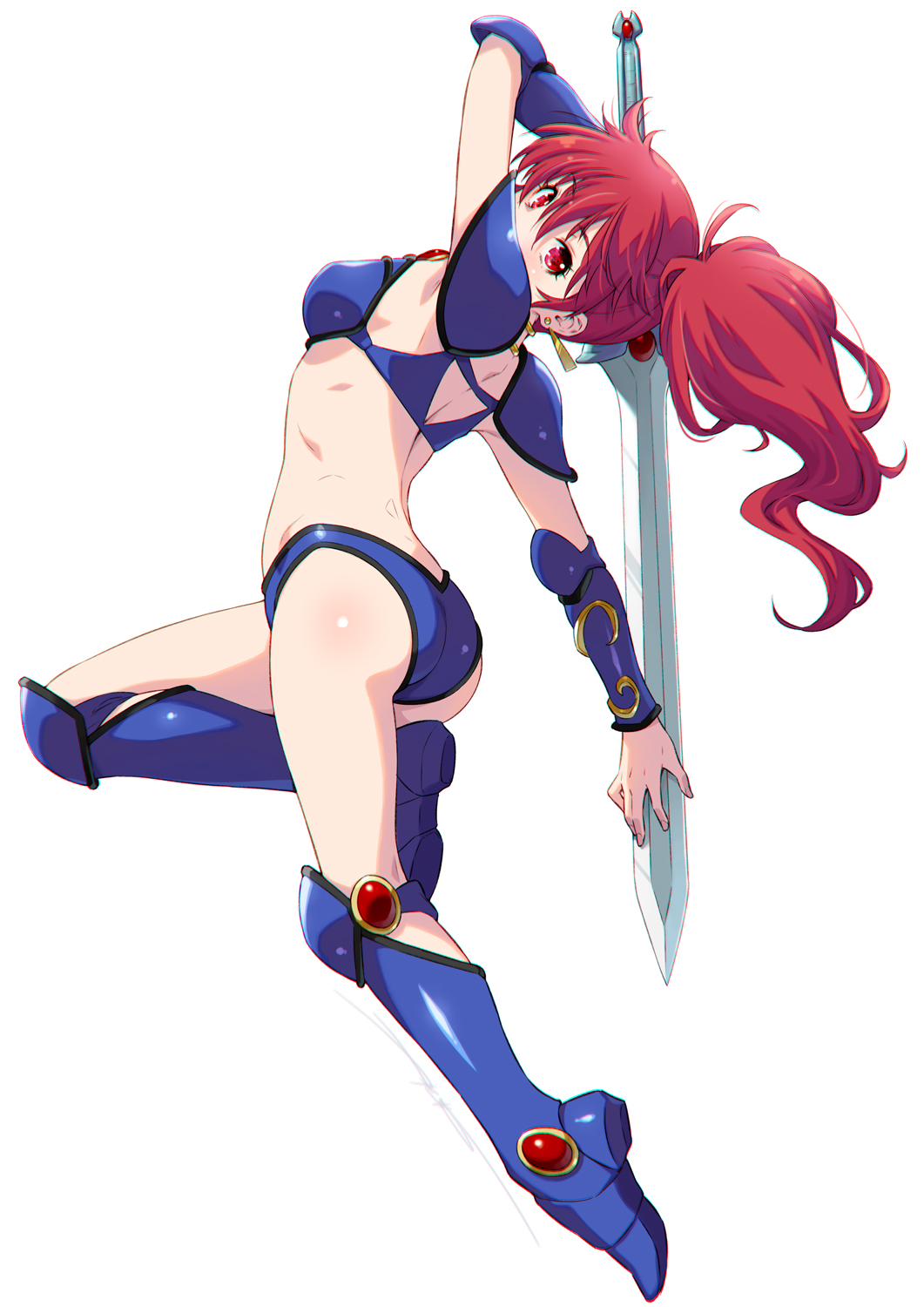 1girl arm_behind_back arm_up armor armored_boots armpits asagiri_youko ass bikini_armor boots breasts earrings from_side full_body genmu_senki_leda hair_between_eyes highres holding holding_sword holding_weapon jewelry kazuma_muramasa knee_boots leg_up long_hair medium_breasts midriff over_shoulder ponytail red_eyes red_hair small_breasts solo sword sword_over_shoulder thighs very_long_hair weapon weapon_over_shoulder