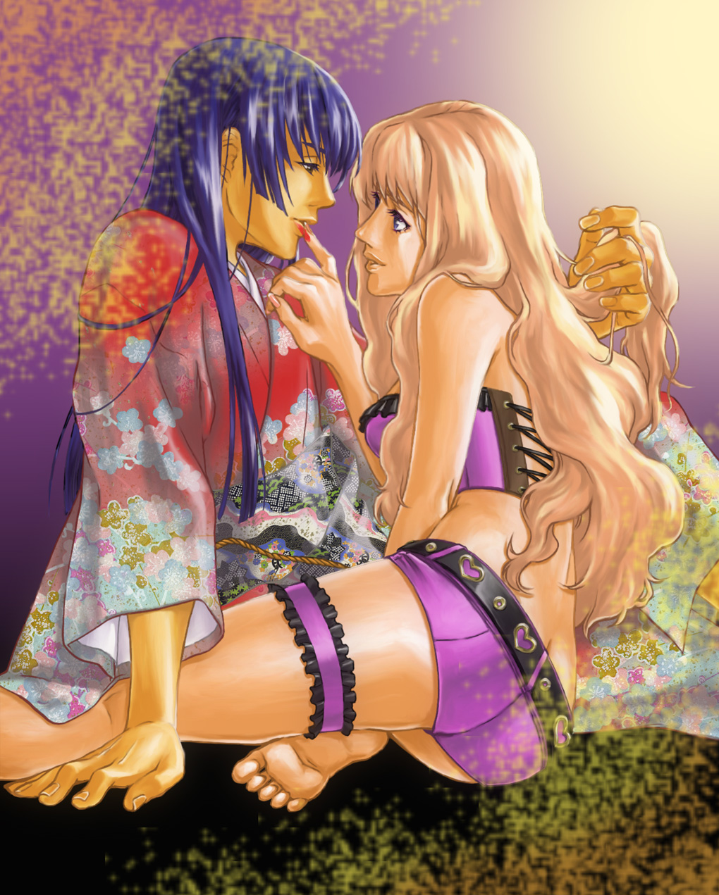 1boy 1girl ass blonde_hair blue_eyes butt_crack corset couple eye_contact feet floral_print floral_print_kimono heart hetero highres hime_cut japanese_clothes kimono long_hair looking_at_another macross macross_frontier multicolored_kimono print_kimono red_kimono ruuka saotome_alto sheryl_nome sitting soles straight_hair wavy_hair