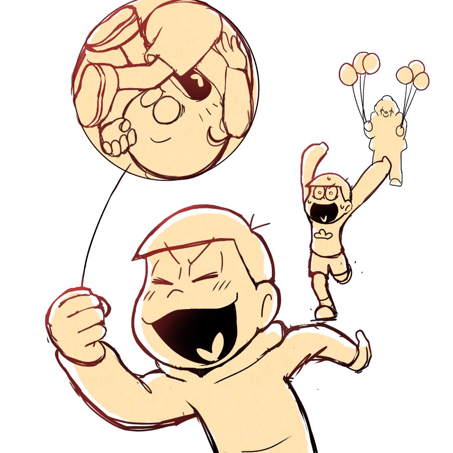 3boys balloon blank_eyes chibita curled_up heart heart_in_mouth hinakura3 holding holding_balloon in_balloon it_(stephen_king) male_focus matsuno_jyushimatsu matsuno_osomatsu multiple_boys nervous_smile osomatsu-san osomatsu_(series) pennywise slippers smile sweat unconscious