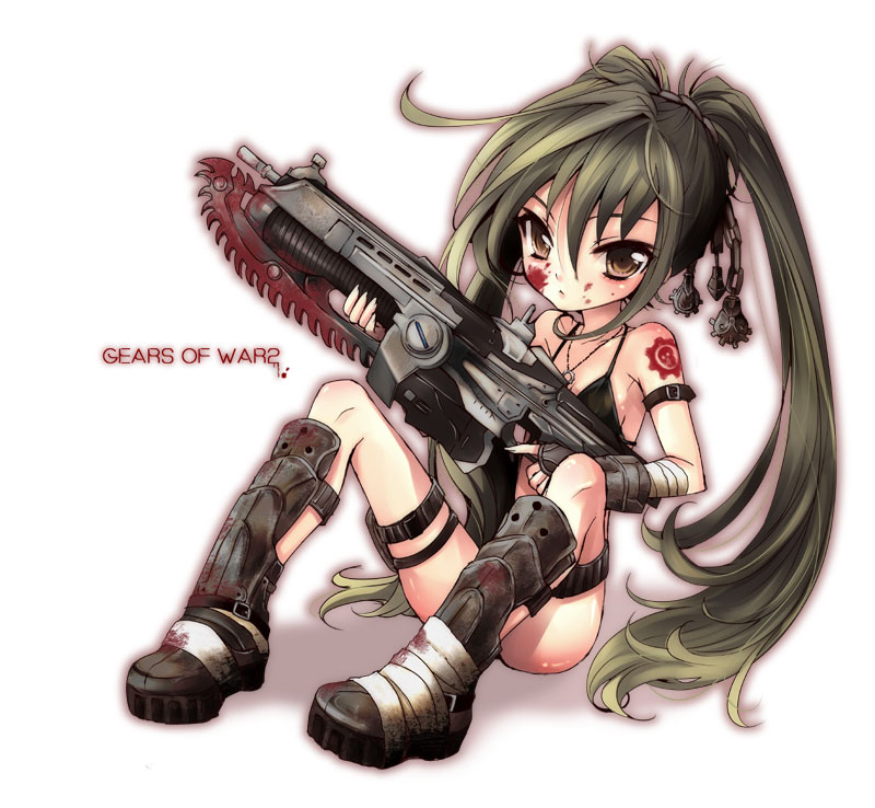 1girl bandages blood blood_on_face boots brown_eyes chainsaw female_focus fingerless_gloves gears gears_of_war gloves green_hair gun jewelry lancer_(gears_of_war) long_hair looking_at_viewer mizunomoto necklace ponytail shadow simple_background sitting skull solo tattoo twintails weapon white_background