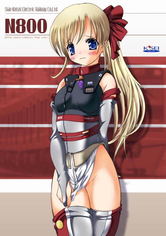 1girl 2000s_(style) 3: archived_source arm_behind_back ashita_yaru blonde_hair blue_eyes blush breasts closed_mouth clothes_tug commentary_request elbow_gloves frown furrowed_brow gloves grey_gloves grey_thighhighs hair_ribbon long_hair medium_breasts multicolored_legwear multicolored_thighhighs no_panties original partially_fingerless_gloves personification ponytail red_ribbon red_thighhighs ribbon solo standing thigh_gap thighhighs thighs train vehicle_and_personification white_thighhighs