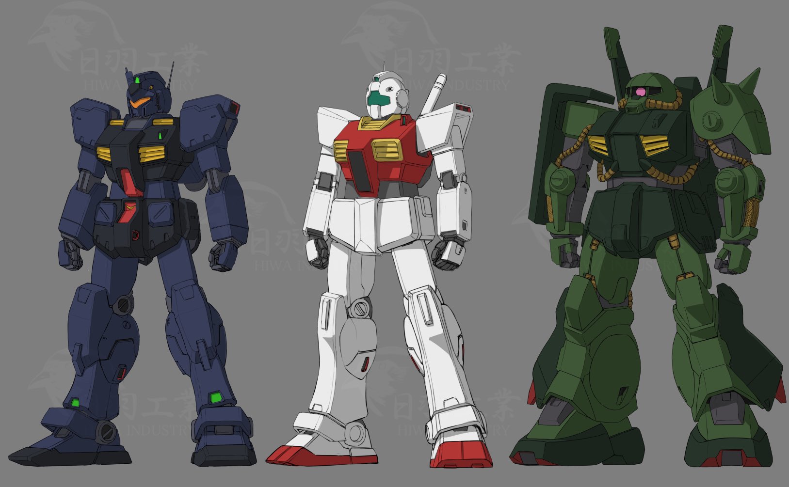 arms_at_sides assault_visor clenched_hands commentary_request full_body gm_ii gm_quel green_visor grey_background gundam highres hiwa_industry hizack mecha mecha_focus mobile_suit no_humans one-eyed orange_visor radio_antenna red_eyes robot science_fiction shoulder_spikes simple_background spikes standing watermark zeta_gundam