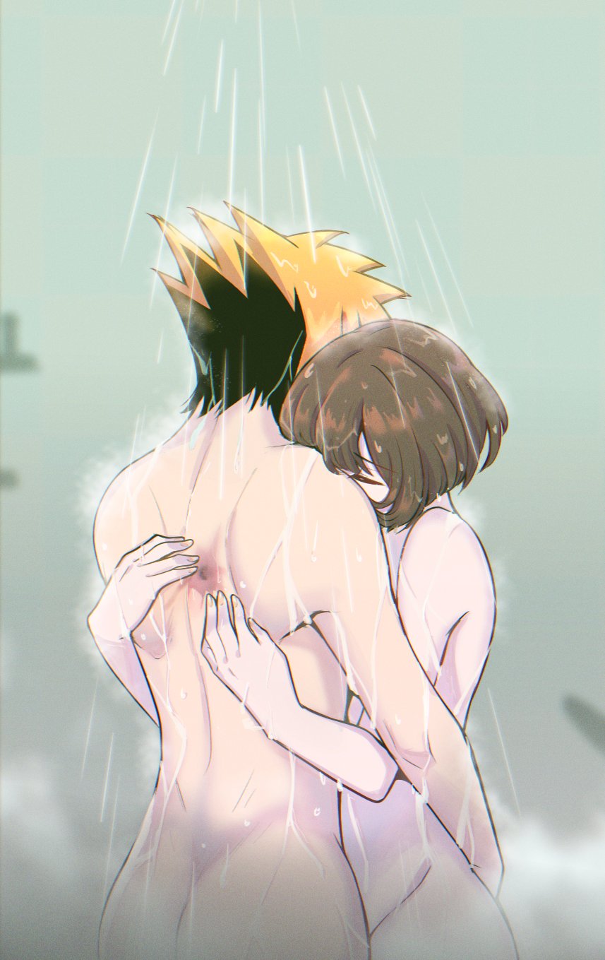 1boy 1girl altorav artistic_nudity ass brown_hair bullet_hole collarbone eyebrows from_behind hetero highres hip_bones hug misaki_shiki orange_hair sakuraba_neku scar shin_subarashiki_kono_sekai short_hair shoulder_blades showering spiked_hair subarashiki_kono_sekai