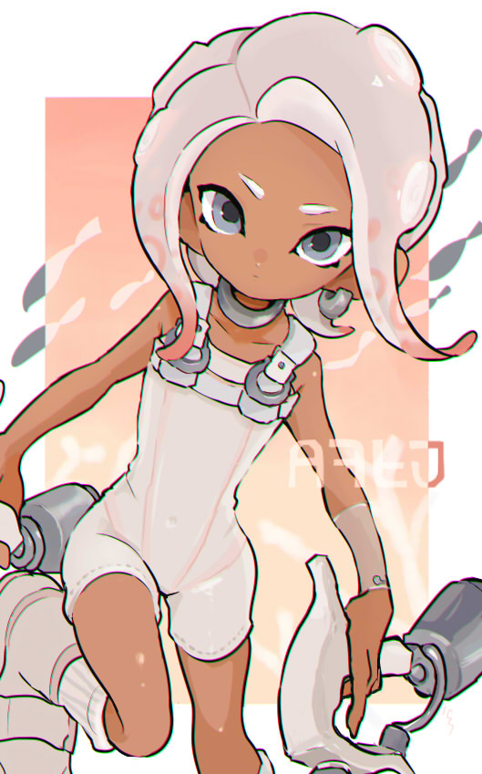 1girl agent_8_(splatoon) bodysuit collarbone dark-skinned_female dark_skin earrings grey_eyes grey_hair holding imaikuy0 jewelry long_hair neck_ring nintendo octoling octoling_girl octoling_player_character order_dualies_(splatoon) school_of_fish single_earring solo splatoon_(series) splatoon_3 splatoon_3:_side_order suction_cups tentacle_hair white_bodysuit