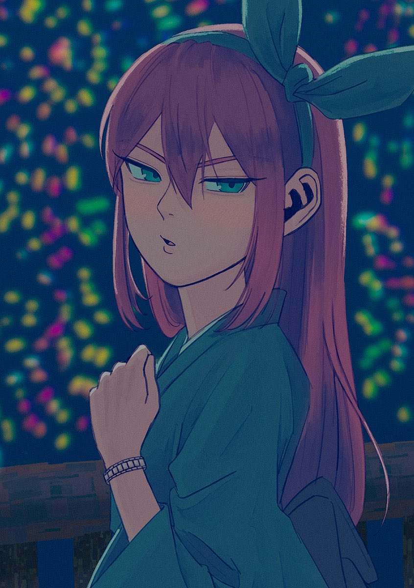 1girl alternate_costume aubrey_(faraway)_(omori) aubrey_(omori) blue_eyes blue_hairband blue_kimono blush bracelet hairband highres japanese_clothes jewelry kimono long_hair long_sleeves looking_at_viewer msdnno_kabe omori parted_lips pink_hair solo upper_body