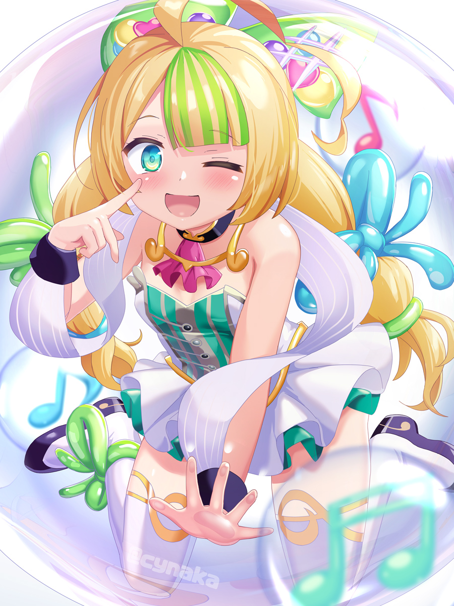1girl ;d ahoge ascot bare_shoulders black_shoes blonde_hair blue_eyes breasts commentary_request finger_to_eye green_hair hagoromo highres long_hair looking_at_viewer monster_strike multicolored_hair muse_(monster_strike) naka_(cheeseyeast) one_eye_closed open_mouth pleated_skirt purple_ascot shawl shoes skirt small_breasts smile solo streaked_hair thighhighs very_long_hair white_skirt white_thighhighs wrist_cuffs