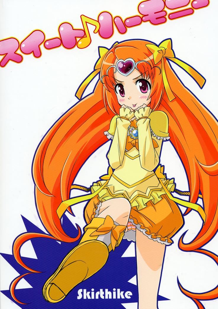 10s 1girl boots bow bubble_skirt cure_muse cure_muse_(yellow) female_focus knee_boots long_hair orange_hair precure shirabe_ako skirt solo suite_precure tongue yellow_bow yuuma_(artist) yuuma_(skirthike)