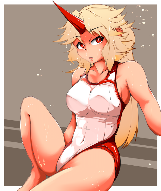 1girl blonde_hair competition_swimsuit female_focus horns hoshiguma_yuugi long_hair one-piece_swimsuit red_eyes single_horn solo swimsuit touhou yadokari yadokari_(yadokani)