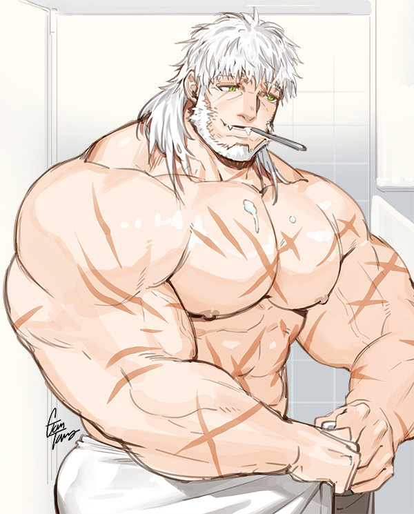 1boy abs artist_name bara bathroom bear biceps facial_hair fang gomtang green_eyes kresnik_(housamo) large_pectorals long_hair looking_to_the_side male_focus manly mature_male muscular muscular_arms muscular_male pectorals scar scar_across_eye scar_on_arm scar_on_chest scar_on_face scar_on_stomach signature smile solo tokyo_houkago_summoners toothbrush towel towel_around_waist veins veiny_arms white_hair
