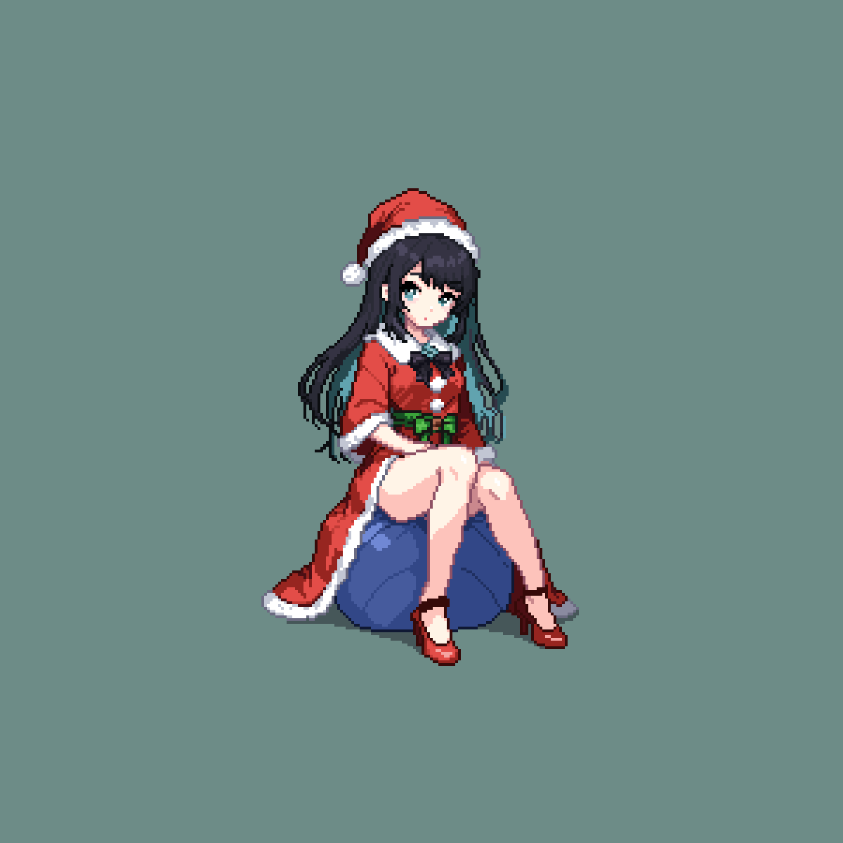 1girl ado_(utaite) aqua_background ball black_bow black_bowtie black_hair blue_eyes blue_hair bow bowtie chando_(ado) christmas collared_dress colored_inner_hair commentary_request dress exercise_ball full_body fur-trimmed_dress fur-trimmed_headwear fur_trim hat high_heels highres long_hair looking_at_viewer multicolored_hair pixel_art pom_pom_(clothes) red_dress red_eyes red_hat red_shoes santa_costume santa_dress santa_hat sauron_luna shoes sitting sitting_on_ball solo spanish_commentary utaite