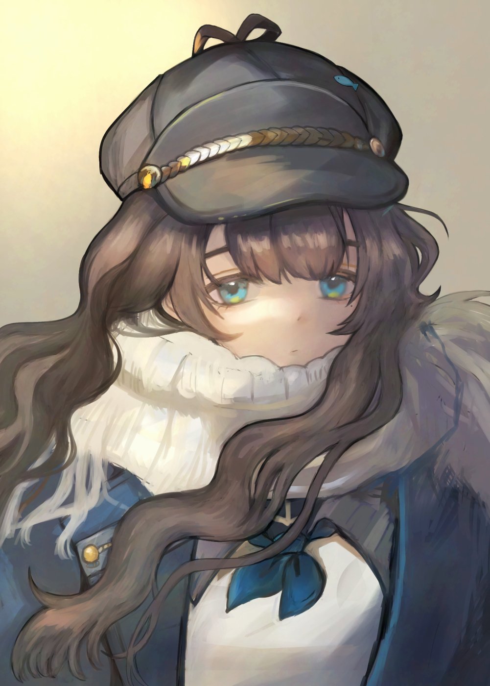 1girl blue_coat blue_eyes blue_neckerchief brown_hair closed_mouth coat dot_mouth grey_background grey_hat hat highres long_hair looking_at_viewer marcus_(reverse:1999) mole mole_under_eye neckerchief newsboy_cap reverse:1999 scarf solo upper_body utagawa_niki wavy_hair white_scarf