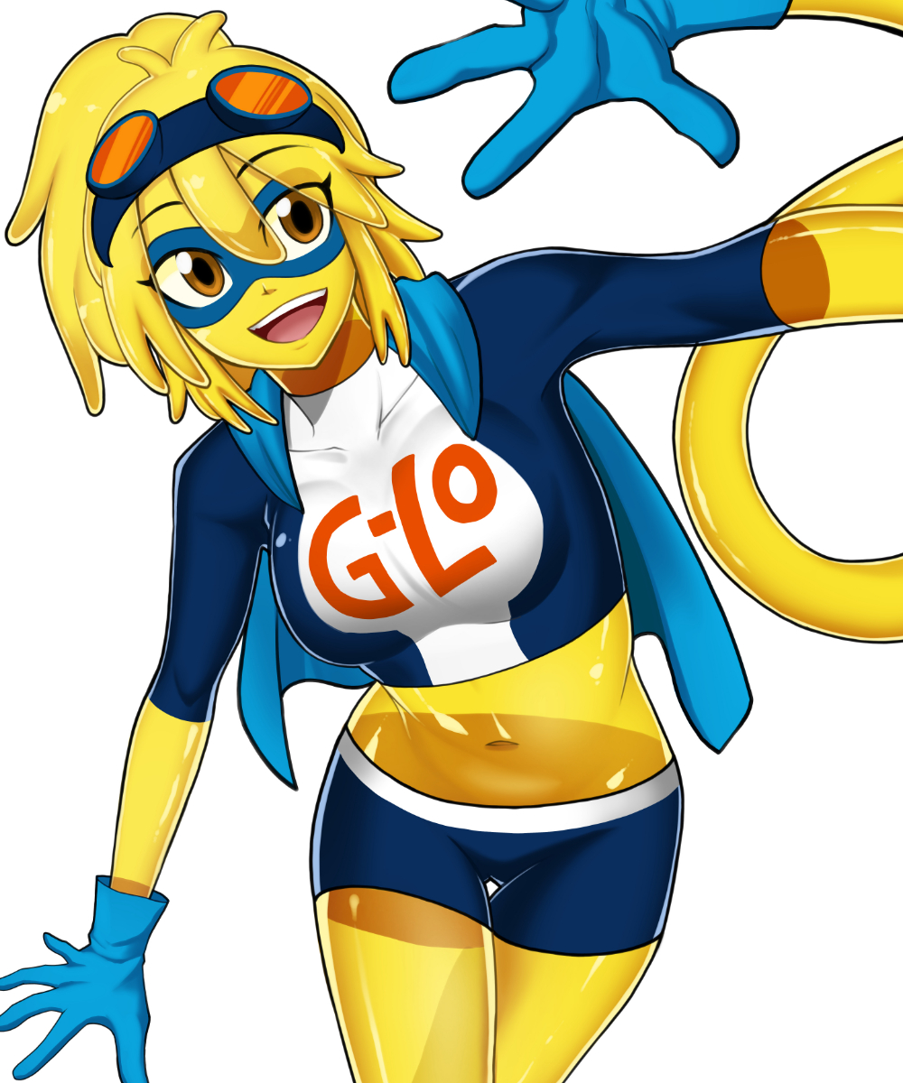 1girl breasts brown_eyes colored_skin eye_mask g-lo gloves goggles highres ksk_horikawa medium_breasts midriff monster_girl open_mouth ponytail short_shorts shorts slime_girl smile solo extendable_limbs villainous yellow_skin