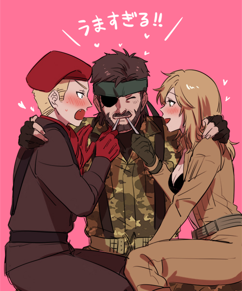 ! 1girl 2boys bandana beret big_boss black_gloves blonde_hair blush brown_hair camouflage eva_(metal_gear) eyepatch feeding gloves hat heart jacket metal_gear_(series) metal_gear_solid_3:_snake_eater military military_uniform multiple_boys noriuma open_clothes open_jacket red_gloves revolver_ocelot