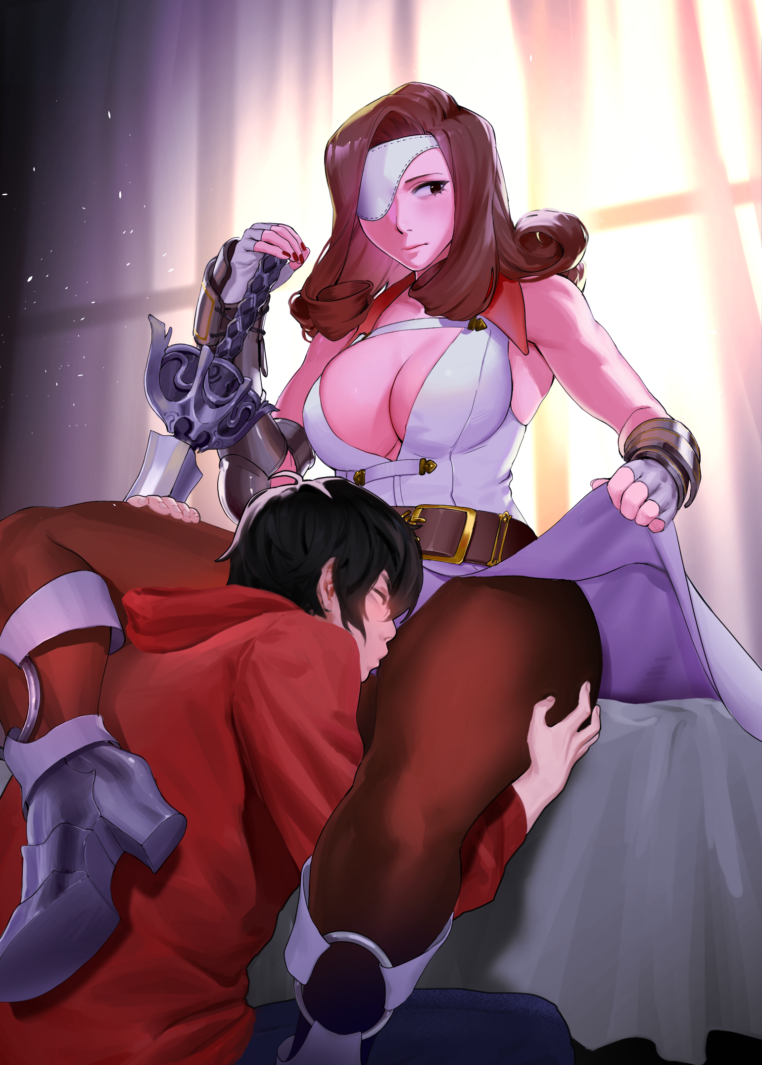 1boy 1girl armor beatrix_(ff9) bed bedroom belt blush breasts brown_eyes brown_hair brown_pantyhose clothes_lift commission curly_hair eyepatch final_fantasy final_fantasy_ix fingerless_gloves flustered gloves head_between_thighs hetero high_heels highres jackboo kiss kissing_thigh large_breasts leggings legs looking_to_the_side medium_hair one_eye_visible pantyhose sitting skirt skirt_lift square_enix sword thick_thighs thigh_grab thighs underwear weapon