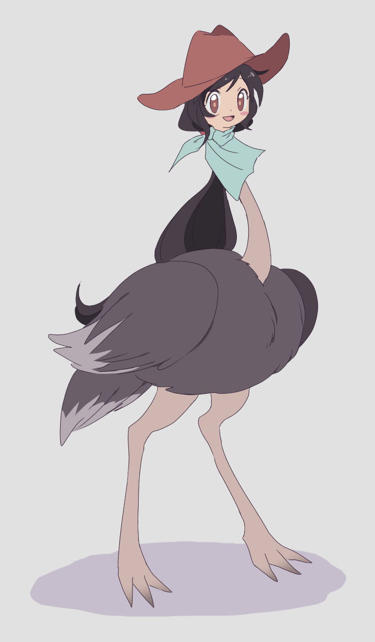 1girl bandana bird black_hair blue_bandana brown_eyes brown_hat commentary_request cowboy_hat full_body grey_background guuchama hat highres human_head kurokoma_saki long_hair open_mouth ostrich simple_background smile solo touhou what