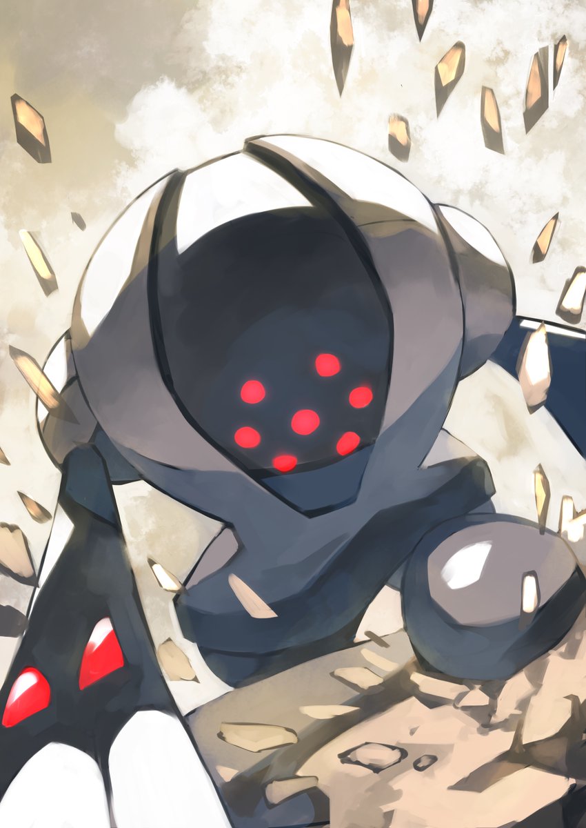 colored_skin commentary extra_eyes gara_(qbeuxvii22) gen_3_pokemon glowing glowing_eyes golem grey_skin highres legendary_pokemon looking_at_viewer nintendo outdoors pokemon pokemon_(creature) pokemon_focus red_eyes registeel rock solo