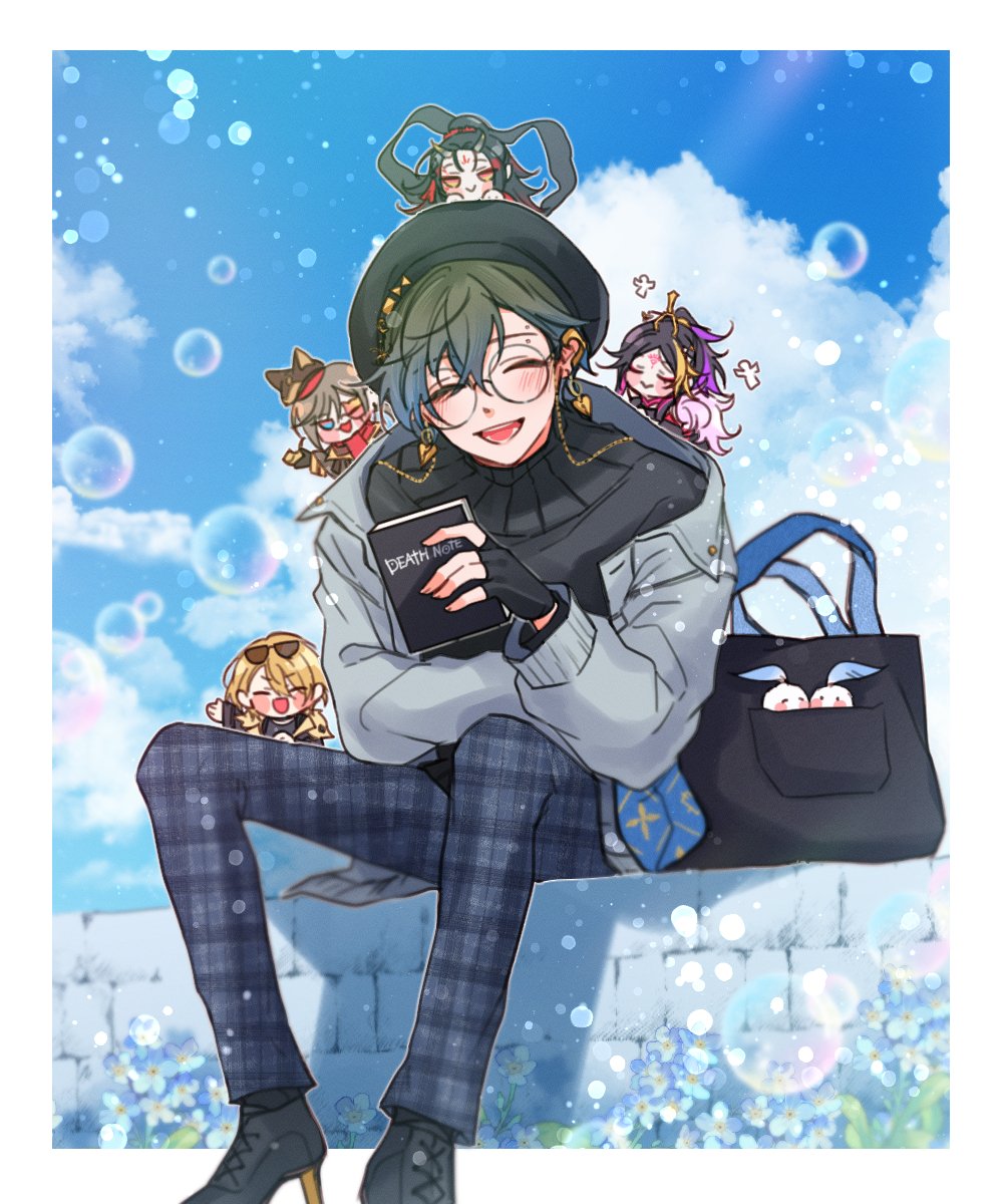 5boys bag black_footwear black_shirt blue_hair blue_sky blush book border brick_wall bubble buchohansom chibi closed_eyes cloud death_note death_note_(object) earrings eyebrow_piercing eyewear_strap flower green_hair grey_jacket hair_between_eyes high_heels highres holding holding_book ike_eveland ike_eveland_(2nd_costume) jacket jewelry long_sleeves looking_at_viewer luca_kaneshiro luca_kaneshiro_(2nd_costume) luxiem male_focus multiple_boys mysta_rias mysta_rias_(2nd_costume) nijisanji nijisanji_en official_alternate_costume open_mouth outdoors outside_border pants piercing plaid_clothes plaid_pants quilldren_(ike_eveland) shirt shu_yamino shu_yamino_(2nd_costume) sitting sky smile turtleneck virtual_youtuber vox_akuma vox_akuma_(2nd_costume) white_border