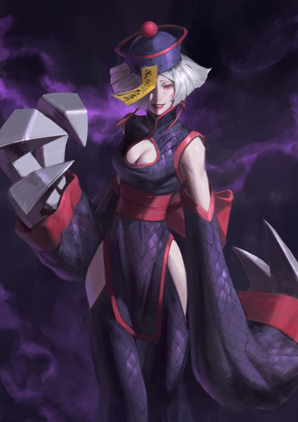 1girl a.k.i._(street_fighter) breasts capcom chinese_clothes claw_(weapon) cleavage cosplay darkstalkers hair_over_one_eye highres hsien-ko hsien-ko_(cosplay) jiangshi looking_at_viewer phamoz red_eyes short_hair side_slit street_fighter street_fighter_6 talisman weapon white_hair