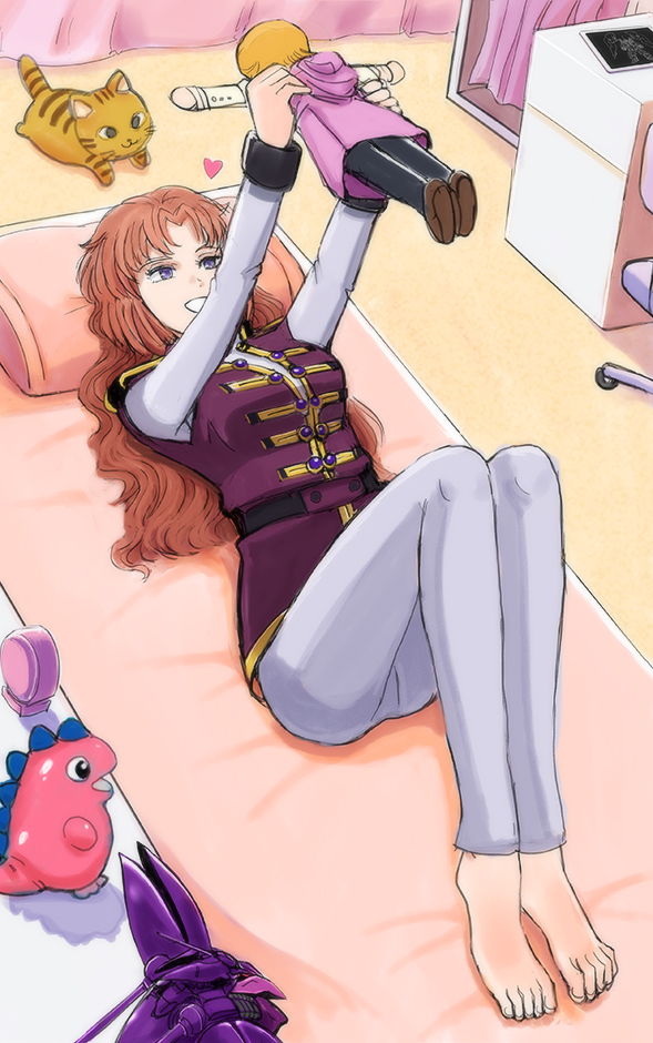 1girl barefoot breasts doll gacha-m grey_leggings gundam gundam_unicorn gunpla hair_down heart holding holding_doll jacket kshatriya leggings lying marida_cruz medium_breasts military military_uniform mineva_lao_zabi model_kit on_back orange_hair parted_bangs purple_eyes purple_jacket qubeley_mk_ii smile solo stuffed_animal stuffed_cat stuffed_dinosaur stuffed_toy tablet_pc