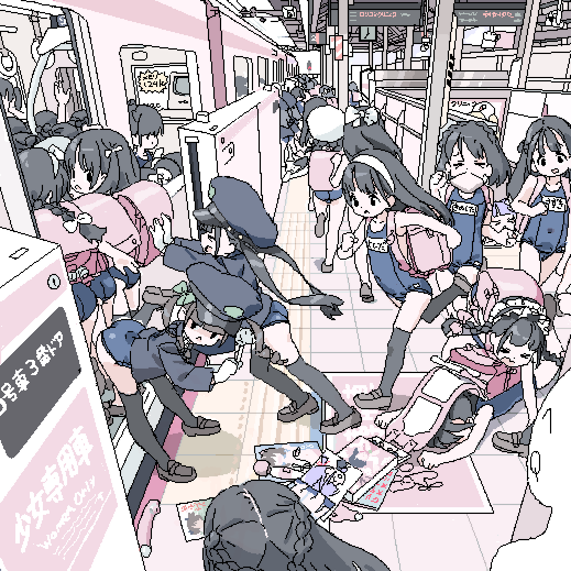 6+girls backpack bag black_hair black_thighhighs braid crowd hair_ribbon hat implied_pornography kneehighs lokulo_no_mawashimono magazine_(object) multiple_girls oekaki original police police_hat police_uniform policewoman pornography randoseru ribbon school_swimsuit sex_toy socks swimsuit tactile_paving tagme thighhighs train train_station train_station_platform tripping