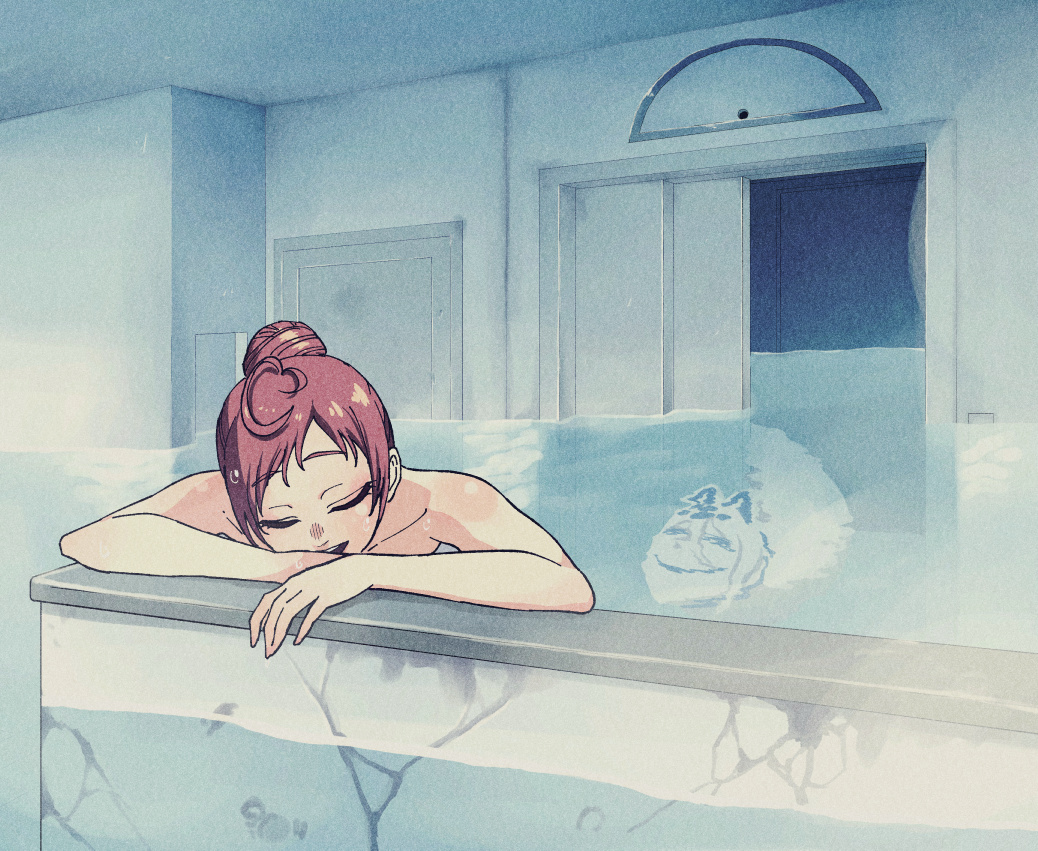 1girl against_wall animal_ears bathing behind_another byackopath byackopath_(artist) closed_eyes closed_mouth commentary_request elevator facing_viewer hair_bun indoors komiya_nikuru_(byackopath) long_neck nude onsen open_door open_mouth original partially_immersed peril refraction single_hair_bun smile submerged sweat