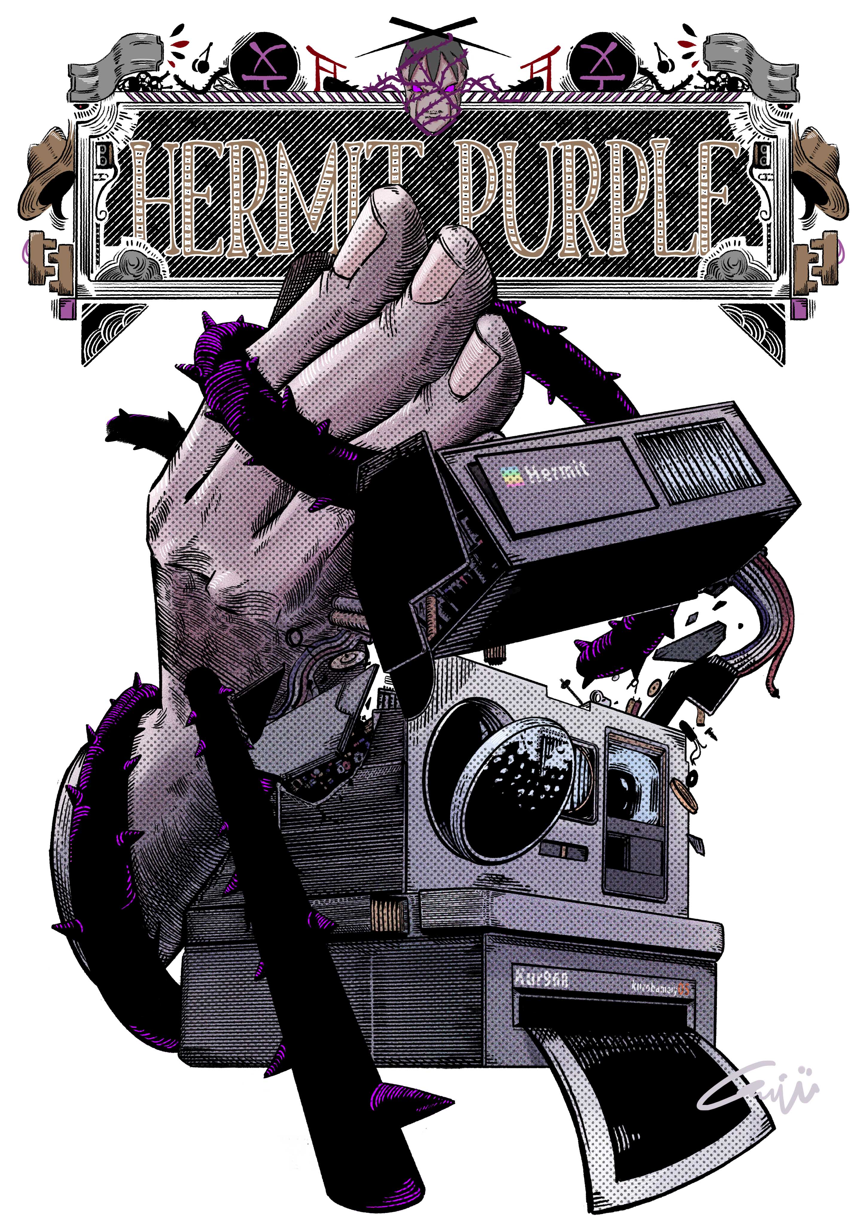 1boy 1other absurdres character_name crushing fingernails hat hermit_purple highres jojo_no_kimyou_na_bouken joseph_joestar joseph_joestar_(old) kurobameiyos plant polaroid_camera polaroid_photo stand_(jojo) stardust_crusaders vines white_background