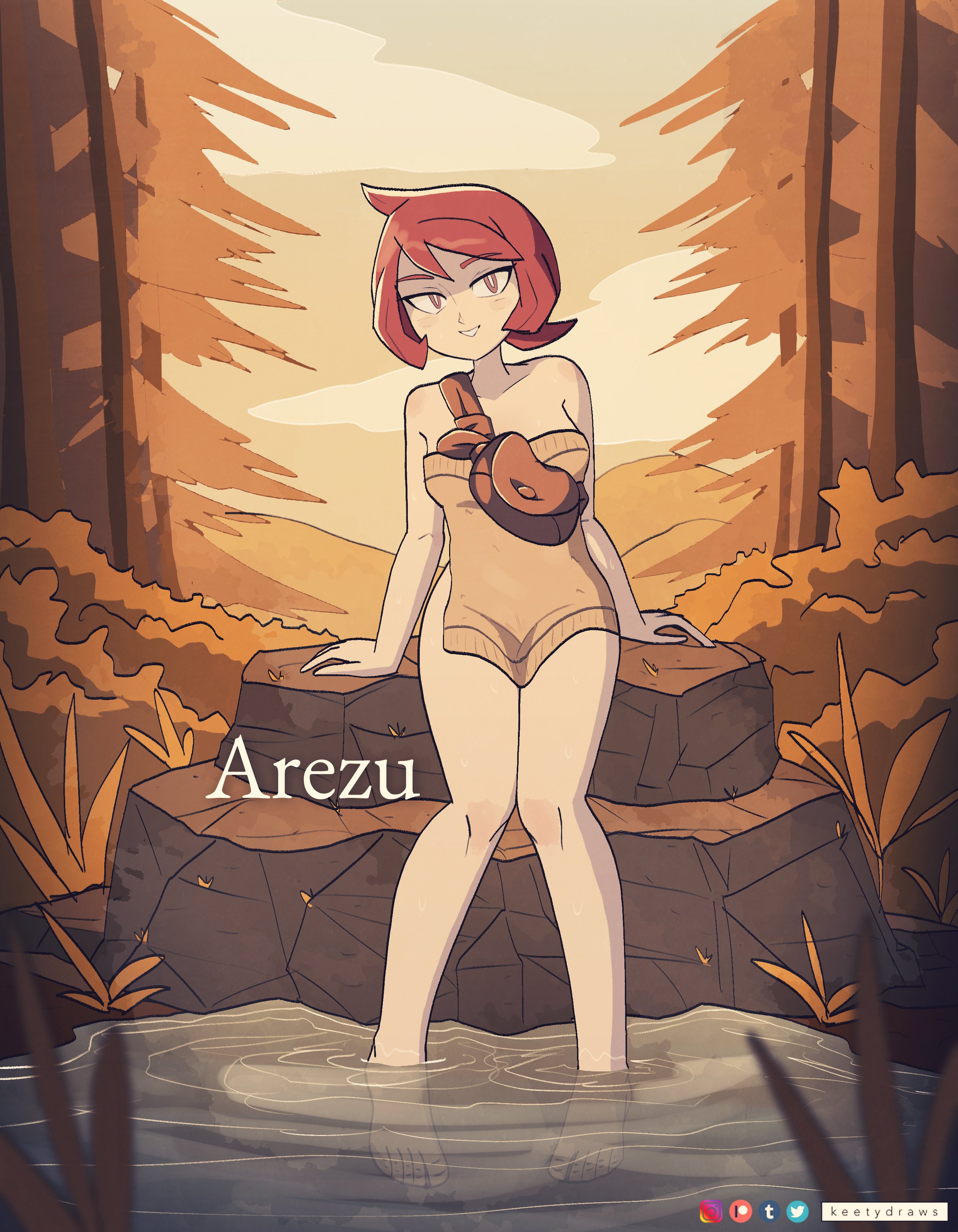 1girl absurdres arezu_(pokemon) arm_support artist_name barefoot blurry blurry_foreground blush boulder breasts bright_pupils brown_bag bush character_name cloud commentary cowlick depth_of_field dusk english_commentary fanny_pack foliage forest full_body game_freak grass grin head_tilt highres instagram_logo keetydraws knees_together_feet_apart leaning_back light_blush looking_at_viewer medium_breasts mountainous_horizon naked_towel nature nintendo outdoors paid_reward_available parted_lips partially_submerged patreon_logo pigeon-toed pine_tree pokemon pokemon_legends:_arceus ponytail red_eyes red_hair ripples rock short_hair short_ponytail sky smile solo standing swept_bangs toes towel tree tumblr_logo twitter_logo wading water white_pupils yellow_sky
