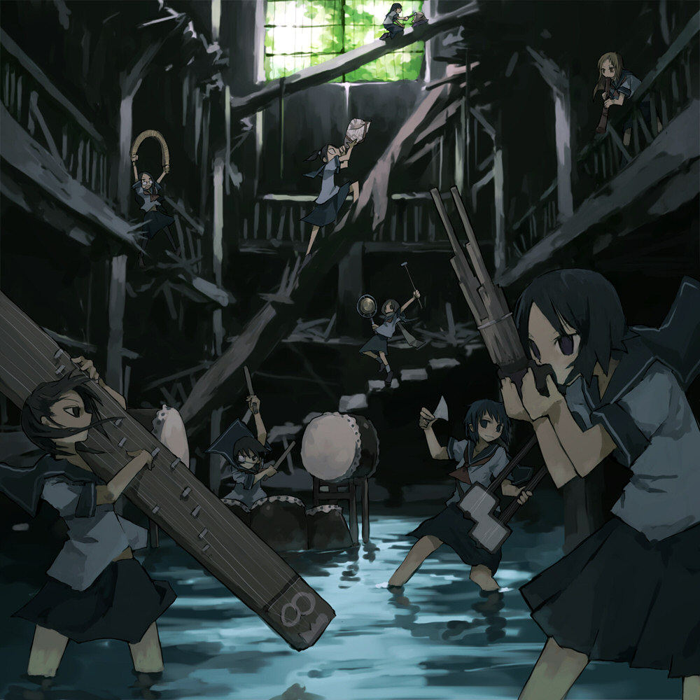 6+girls drum eyepatch flood gregorius_yamada instrument multiple_girls original plectrum school_uniform serafuku shamisen