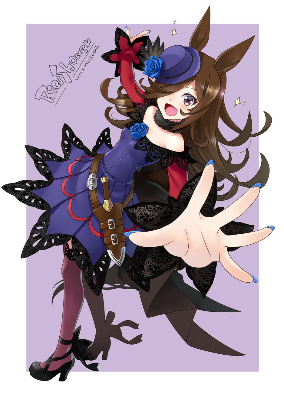 1girl animal_ears back_bow belt black_belt black_bow black_footwear black_thighhighs blue_flower blue_hat blue_rose bow character_name commentary copyright_name dagger dress flower foreshortening from_side fur_collar hair_over_one_eye hat hat_flower high_heels highres horse_ears horse_girl horse_tail katahira_masashi knife long_bangs long_hair long_sleeves looking_at_viewer nail_polish off-shoulder_dress off_shoulder open_mouth outstretched_arm purple_dress purple_eyes purple_nails reaching reaching_towards_viewer rice_shower_(umamusume) rose sheath sheathed short_dress smile solo sparkle standing tail thighhighs tilted_headwear umamusume weapon